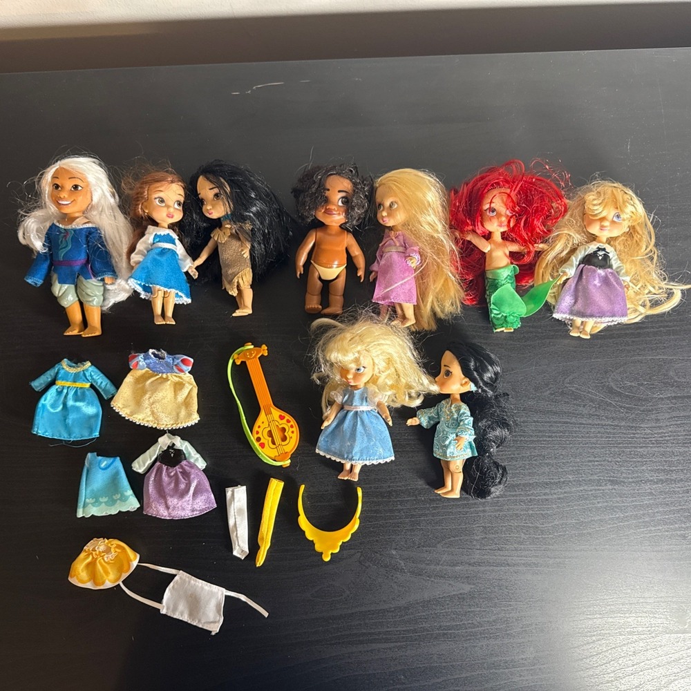 Disney Animators Collection Princess Mini Doll 5" Lot of 9 And Accessories